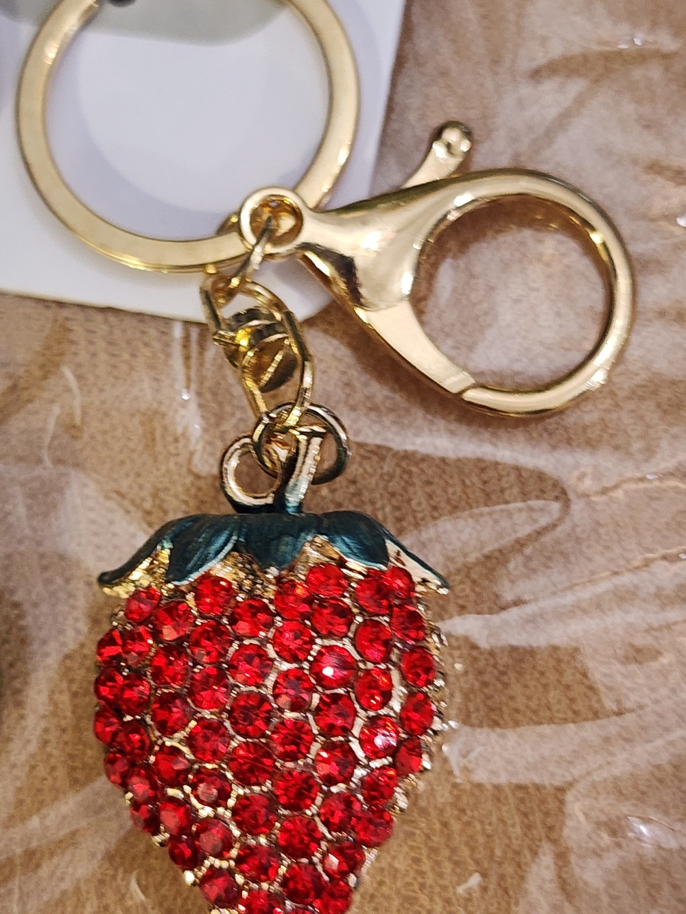 Gold-Plated Red Crystal Strawberry Keychain Charm